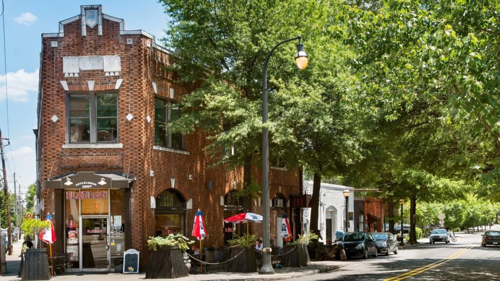 Historic brick corner building on Flat Shoals Avenue in East Atlanta Village