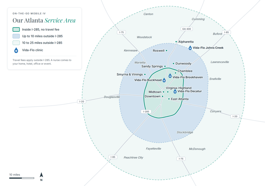 Map of the Vida-Flo On-The-Go service area around Atlanta: no travel fee inside I-285 and service up to 25 miles outside it, with Vida-Flo clinics in Buckhead, Brookhaven, Decatur and Johns Creek