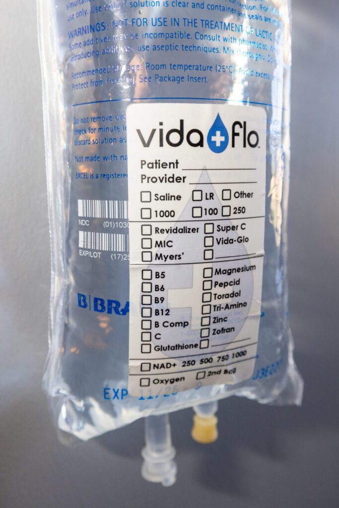 Close-up of a Vida-Flo IV bag and treatment label