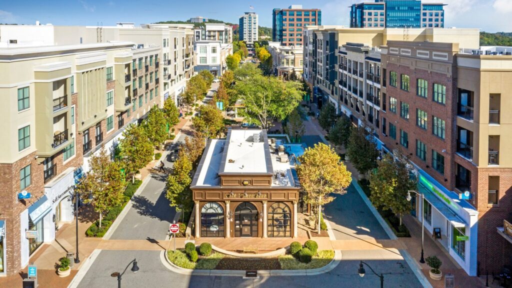 Aerial view of the tree-lined pedestrian street at Avalon in Alpharetta